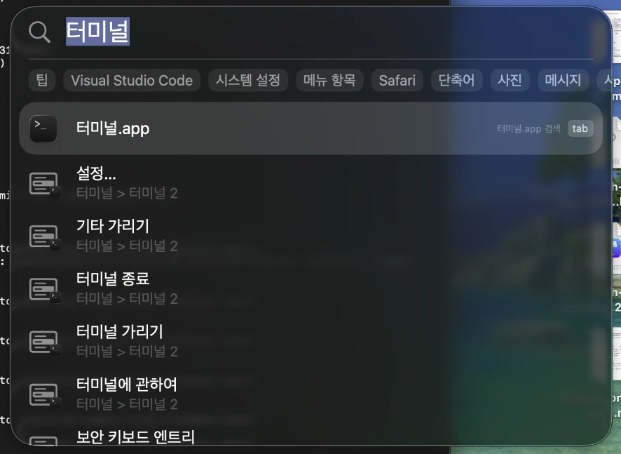 cmd + 스페이스바로 Spotlight 실행 후 터미널 검색